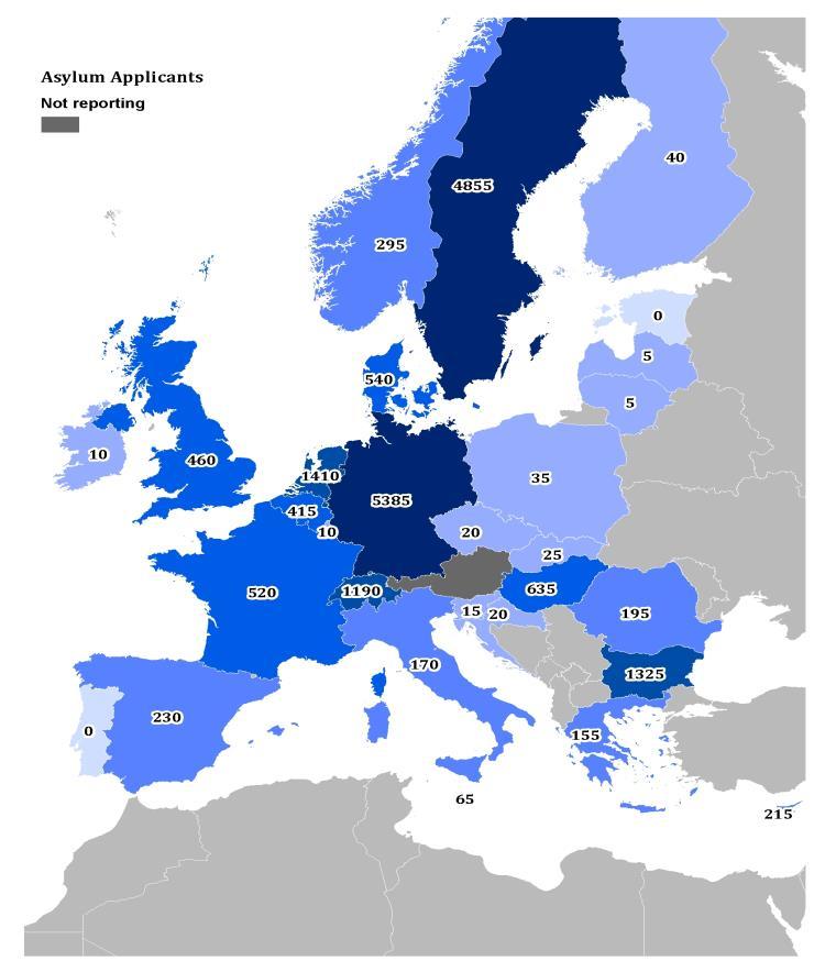 EASO QUARTERLY REPORT Q1 2014 22 Map 2: Distribution of Syrian asylum applicants in EU+, Q1 2014 As shown in figure 13, the Syrian flow in Q1 2014 remained concentrated in Germany (5 385) and Sweden