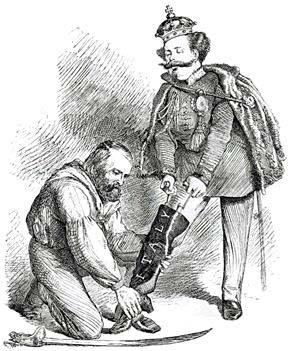 What does this 1860 cartoon illustrate? Who are the individuals pictures, and what were their roles? "Right Leg in the Boot at Last" c.
