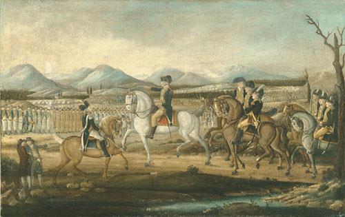 President Washington, riding a white horse, reviews his troops at Carlisle,