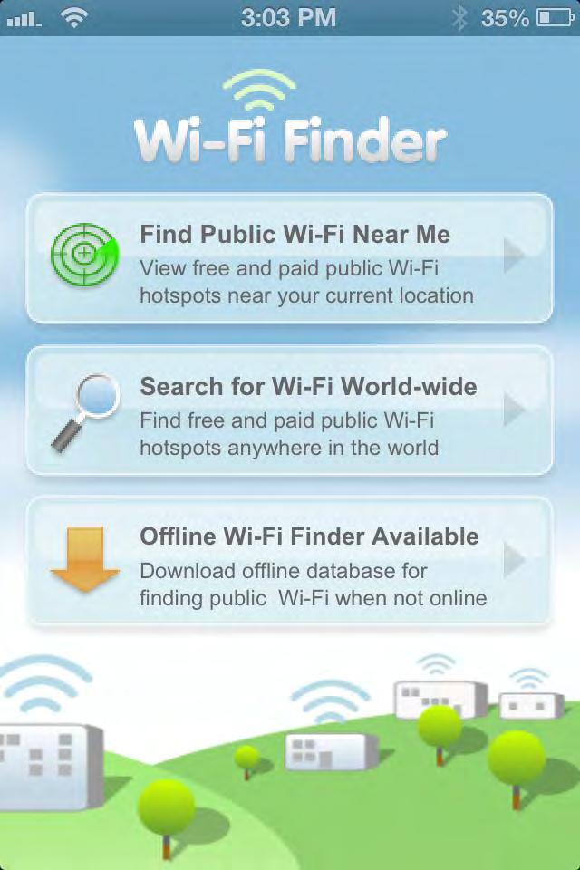 Wi-fi finder Find free and paid wifi options Filter by location type (coffee shop, Store, downtown) GPS