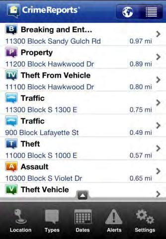 Crime Reports The CrimeReports iphone app allows you to: Filter crimes by location or address, crime type, and customizable