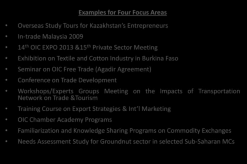Snapshot on The TCPP Performance (1429H-1433H) 96 Different Activities, Projects were carried out by TCPP Examples for Four Focus Areas Overseas Study Tours for Kazakhstan s Entrepreneurs In-trade