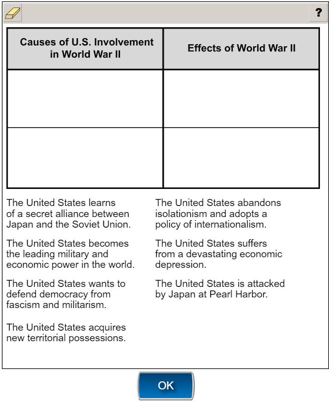 Session 1 Item 16 Drag and drop two correct causes of U.S. involvement in World War II and two