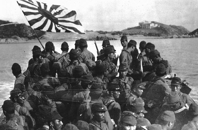 A Japanese landing party approaches the Chinese mainland. The invasion forced Mao and Jiang to join forces to fight the Japanese.