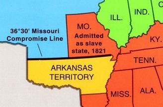 The Missouri Compromise (1820) Terms: Part 1: Missouri admized as a slave state, Maine admized as a free state Effect: Free and slave states stayed equal in number Part 2: 36 30⁰ Line- divided