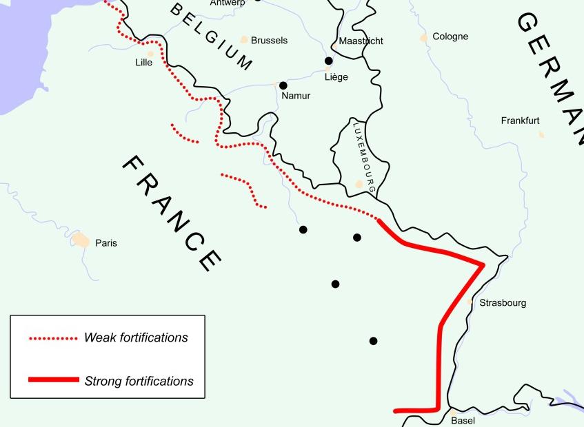 France: Germany invades France through Belgium and mountains in South