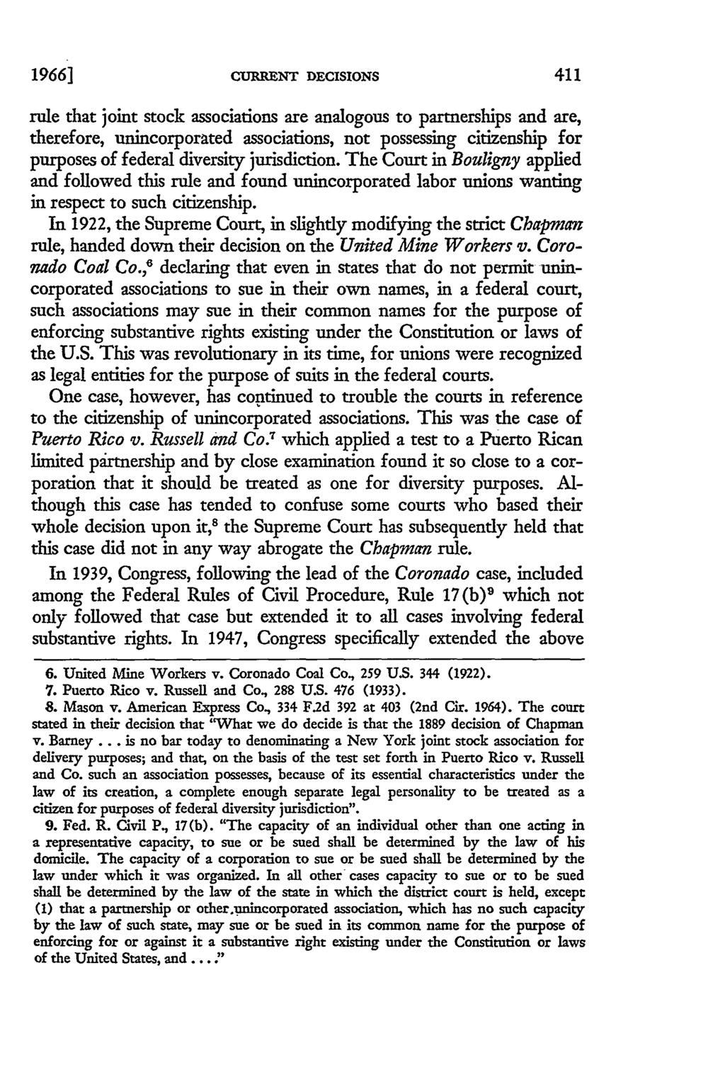 1966] CURRENT DECISIONS rule that joint stock associations are analogous to partnerships and are, therefore, unincorporated associations, not possessing citizenship for purposes of federal diversity