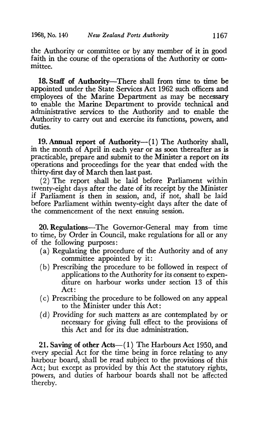 1968, No. 140 New Zealand Ports Authority 1167 the Authority or committee or by any member of it in good faith in the course of the operations of the Authority or committee. 18.