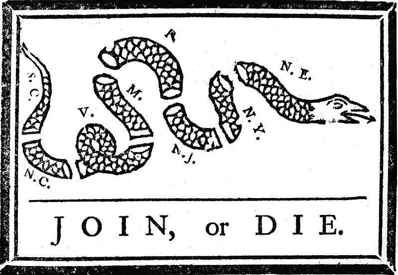 Page! 3 Handout A: Join or Die DIRECTIONS Ben Franklin drew this cartoon and published it in his newspaper, the Pennsylvania Gazette, in 1754.