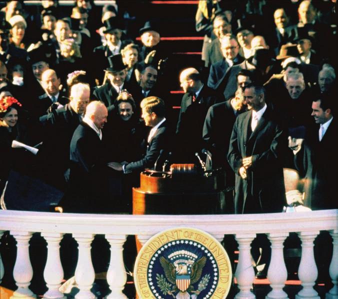 18 THE PRESIDENCY Four presidents past, present, and future attended the inauguration of John F. Kennedy in January 1961. Here, Kennedy shakes hands with his predecessor, Dwight Eisenhower.