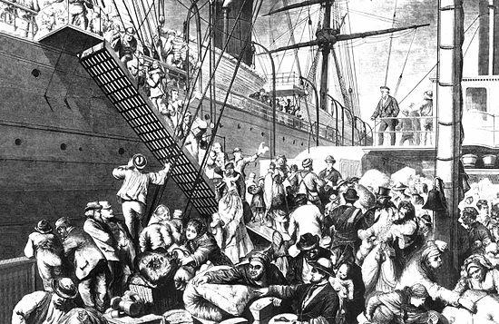 History of immigration to the United States Immigration 1850 to 1930 "From the Old to the New World" shows German emigrants boarding a steamer in Hamburg, to New York.