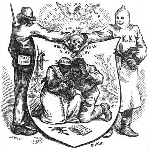Secret societies, such as the Ku Klux Klan, used fear and violence to deny rights to African Americans. Many Southerners supported the Ku Klux Klan.