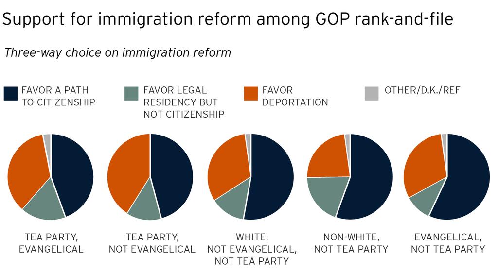 Public Religion Research Institute and Governance Studies at Brookings they would leave the country voluntarily is actually opposed by most Republicans: only 45% support it; 53% oppose it.