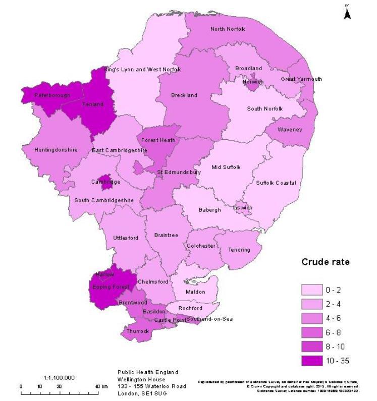 The figure below shows annual tuberculosis rates and trends by local authority area across Anglia and Essex.