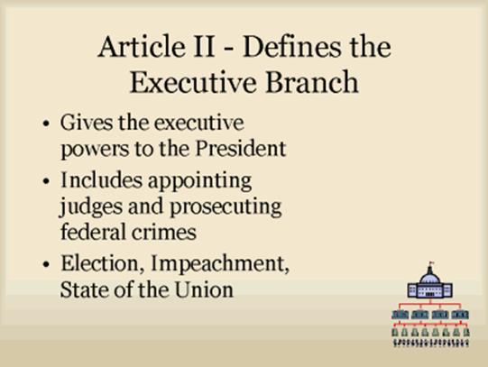 Included ways to prevent the abuse of power (separation of powers; checks & balances). The Executive Branch Article II Article II of the U.S. Constitution defines the Executive Branch.