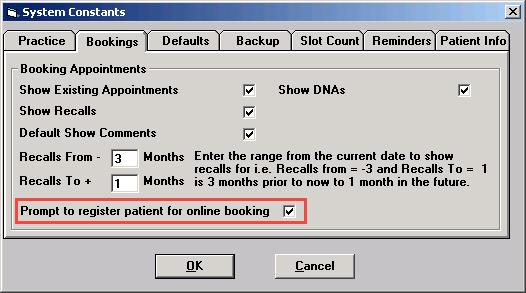 Patient Prompt You can set Vision to prompt you if a patient is not registered for online bookings. To switch the prompt on: 1.