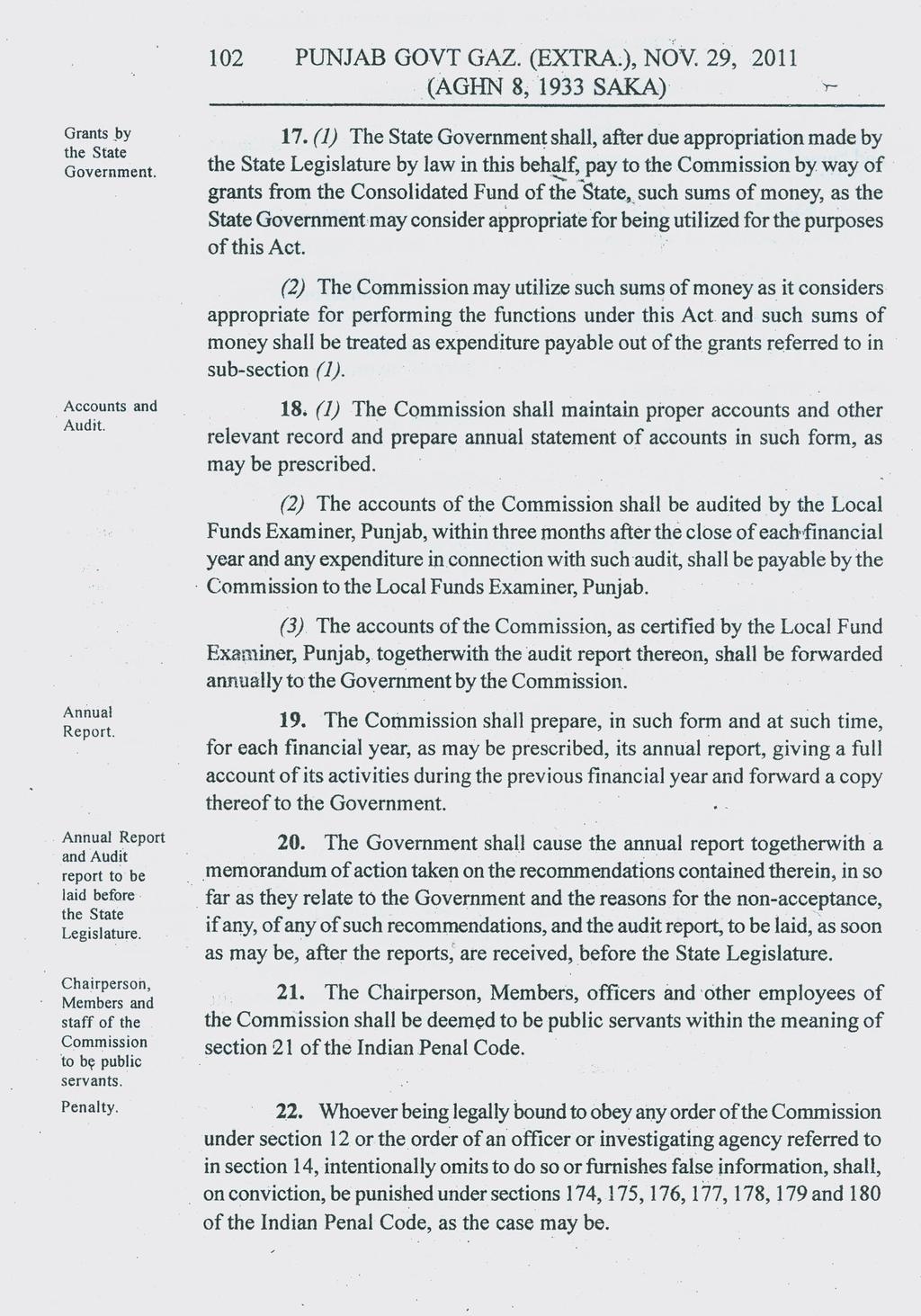 102 PUNJAB GOVT GAZ. (EXTRA), NOV. 29, 2011.(AGHN 8,1933 SAKA) "r: Grants by the State Government. 17.