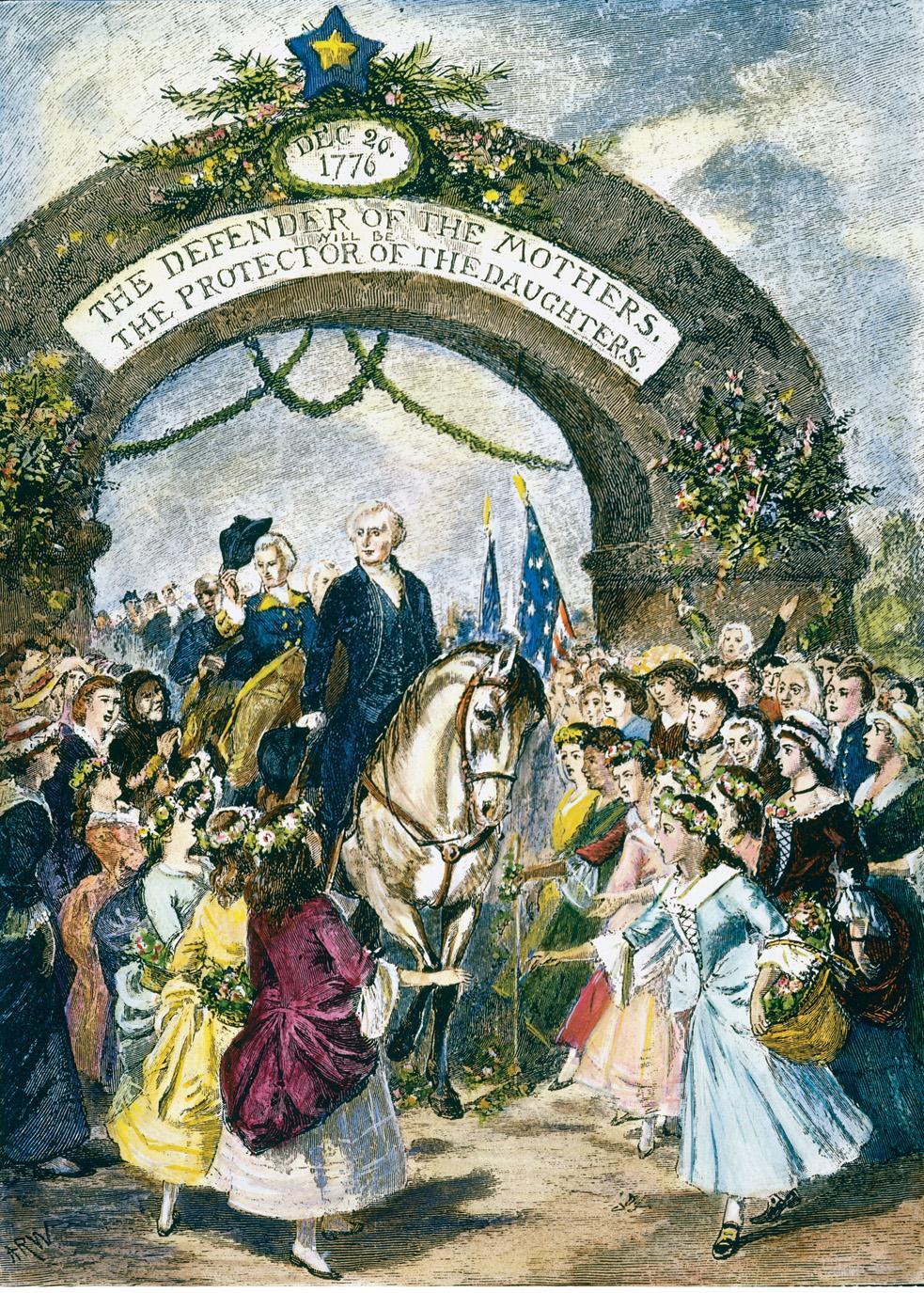 This engraving shows respectful crowds greeting Washington as he passes