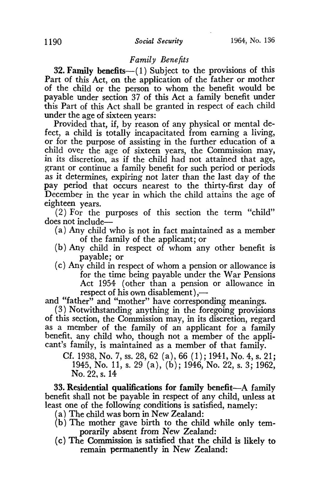 1190 Social Security 1964, No. 136 Family Bene fits 32.