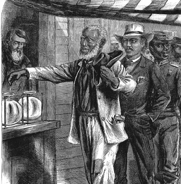 This Reconstruction-era painting shows African American men voting after passage of the Fifteenth Amendment. What right did the Fifteenth Amendment protect? pro tempore of the Senate, Benjamin Wade.