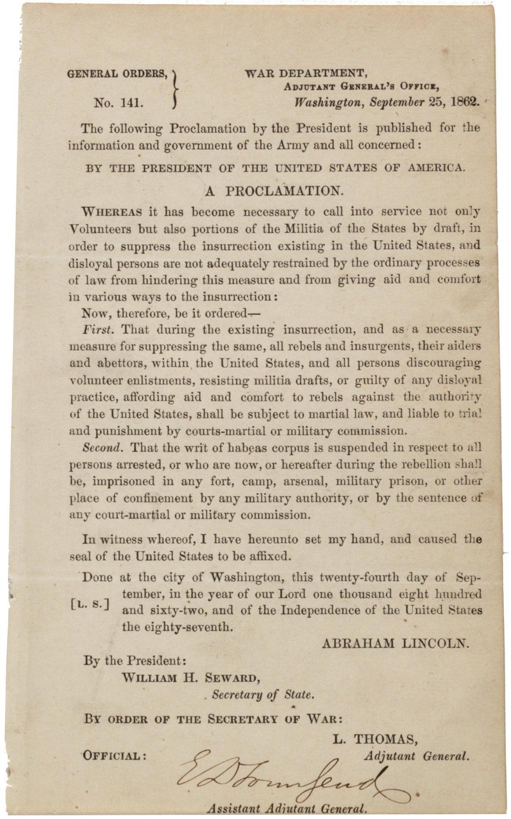 Lincoln s use of emergency powers (9B) President Lincoln suspended habeas corpus during the Civil War. This is a right that guarantees arrested persons can be brought in front of a judge.