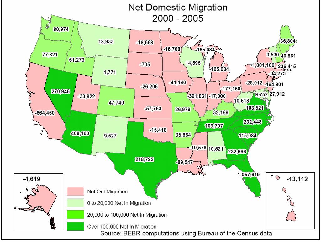 Net Domestic Migration and Movers from Abroad: Population Over 5 Years Old - 1995 to 2 4,5, 3,5, Internal Net Movers from Abroad Internal Net + Movers from Abroad 2,5, 1,5, 5, -5, -1,5, Northeast