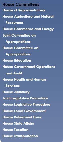 7) After selecting House or Senate, you ll see a list of committees in the blue box on the left side of the page.