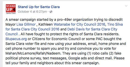 Stand Up for Santa Clara s failure to report expenditures or contributions for its advocacy communications Though expressly advocating for candidates in the Santa Clara City Council elections, Stand