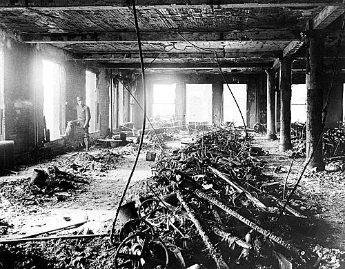 The Triangle Shirtwaist Fire The interior of the factory after the fire Locked doors, highly flammable materials, no extinguishers, few