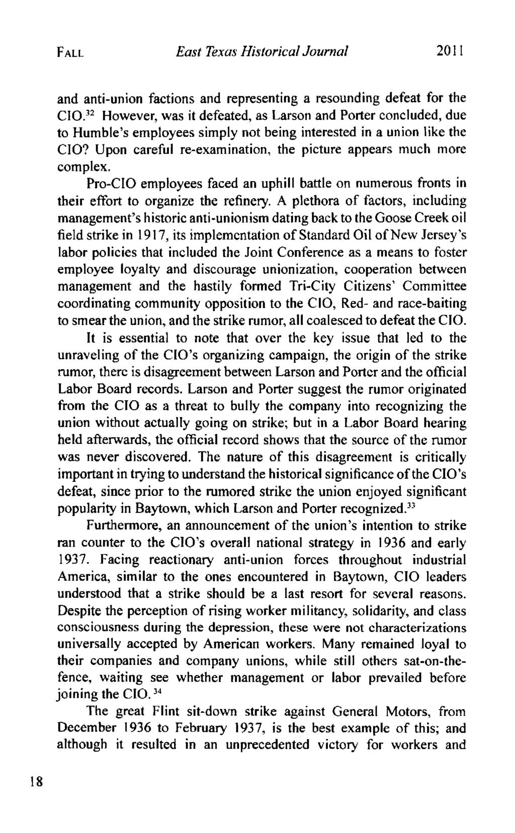 FALL East Texas Historical Journal 2011 and anti-union factions and representing a resounding defeat for the CIO.