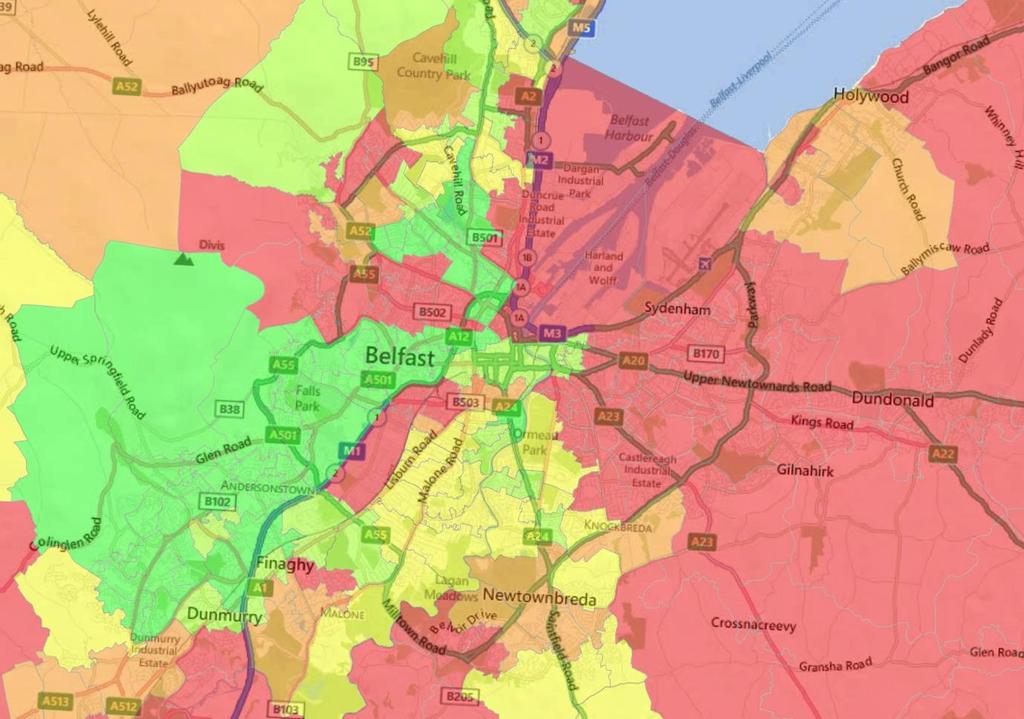 Figure S1. Neighbourhood religious composition of Belfast, Northern Ireland: 0%-20% Catholic (Red), 21%-40% (Orange), 41%-60% (Yellow), 61%-80% (Light Green), 81%- 100% (Green) 2.