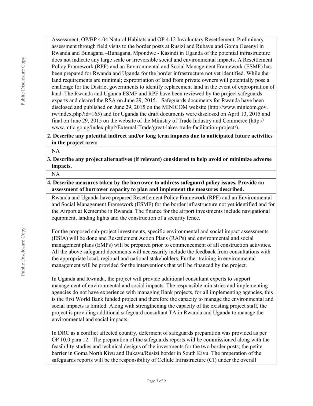 O Assessment, OP/BP 4.04 Natural Habitats and OP 4.12 Involuntary Resettlement.