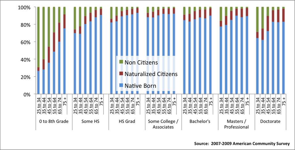 Figure 6- b illustrates the often- significant age- profile differences that exist between non- citizens and native- born persons across all educational attainment groups.