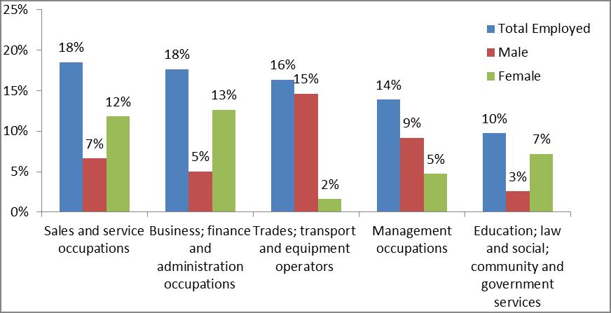 Men appeared to be the main employees of the trades, transportation, and equipment operators followed by sales and service occupations.