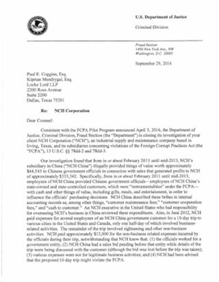 FCPA Pilot Program: Example Declination Letter 27 FCPA Pilot Program: Extension On March 10, 2017, the Acting Assistant Attorney General, Kenneth A.