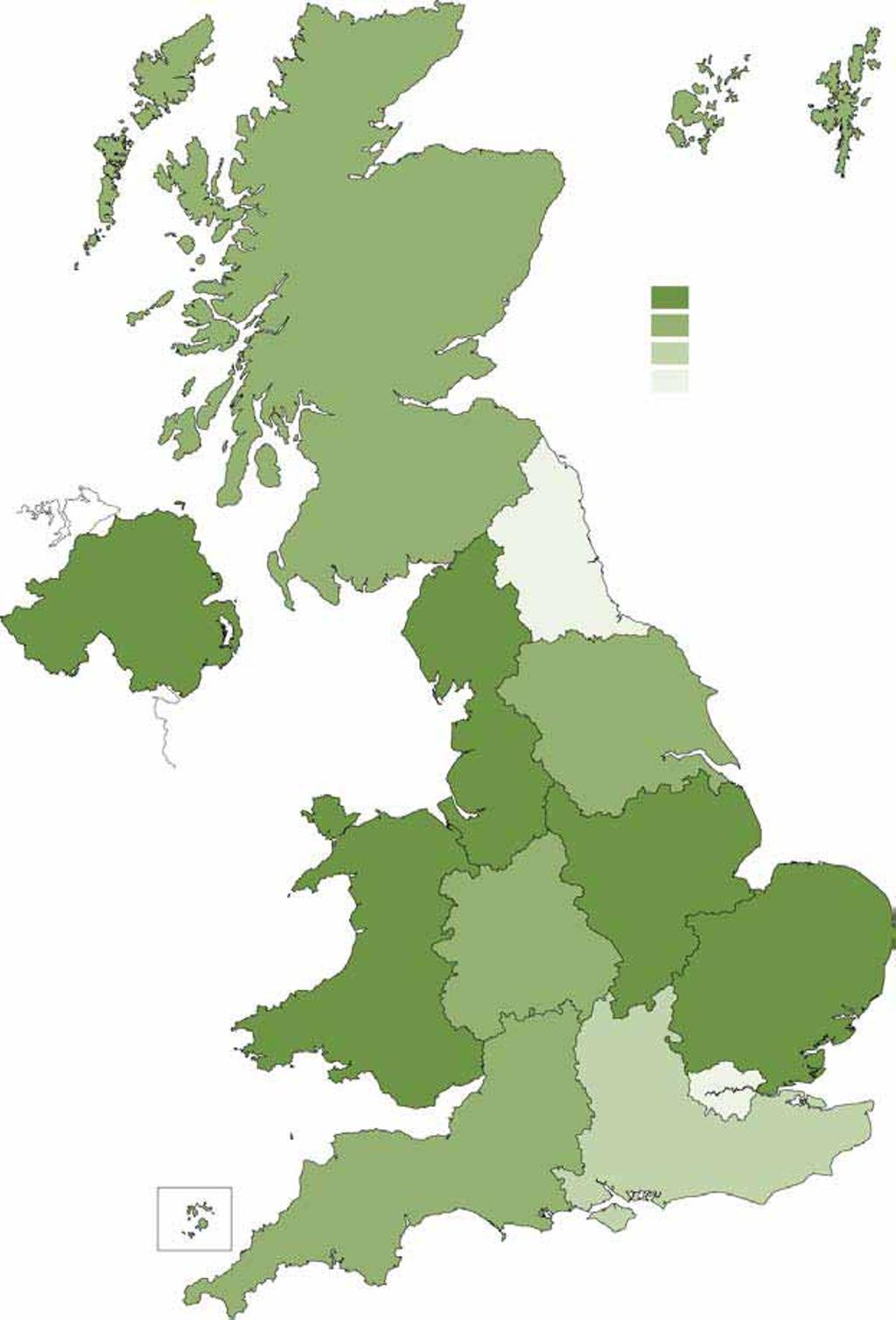 Map 1 Non-UK born population change by Government Office Region and UK country, 2004 to 2007 Per cent population change 30 to 34 24 to 29 17 to 23 14