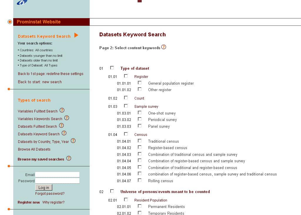 Example Search form, dataset