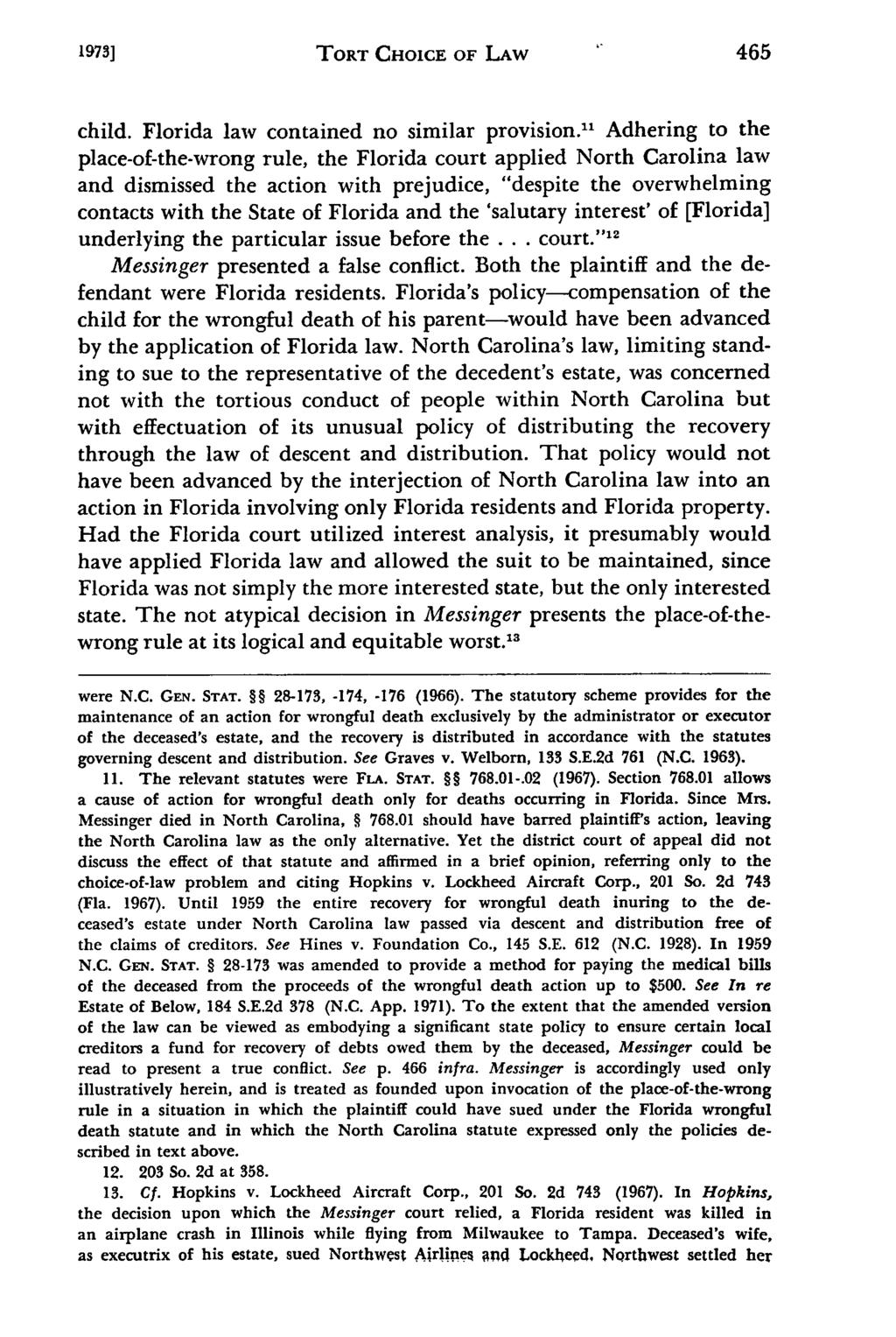 1973) TORT CHOICE OF LAW child. Florida law contained no similar provision.