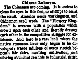 In 1868 the U.S. and China signed the Burlingame Treaty, which encouraged Chinese immigration and guaranteed the safety and civil rights of Chinese immigrants in America.
