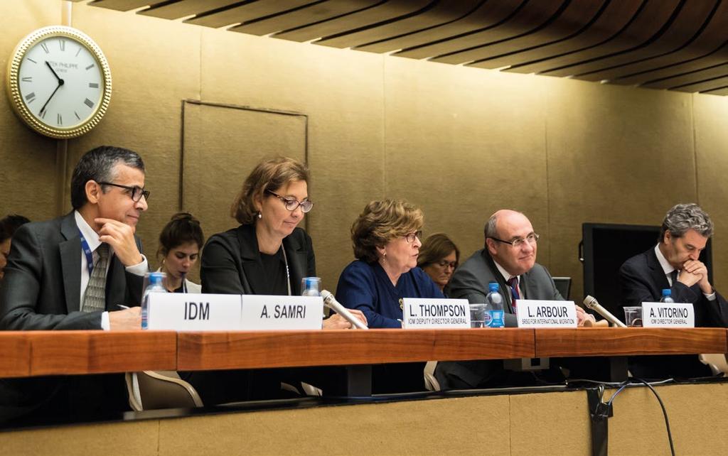 Opening Session IDM Geneva, 8 October 2018. Azzouz Samri, IOM, Laura Thompson, IOM, António Vitorino, IOM, Louise Arbour, United Nations, Juan Eduardo Eguiguren, Chile, IOM.