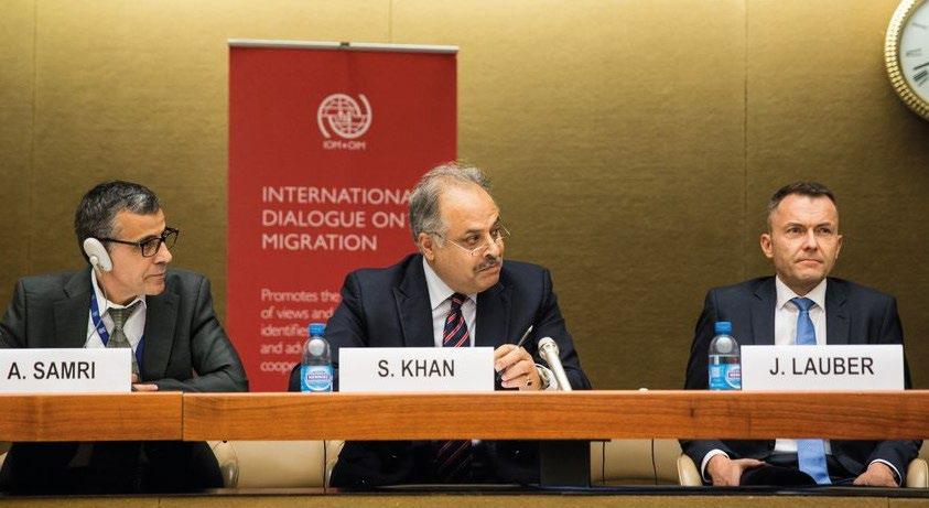 Panel discussion at IDM Geneva, 8 October 2018. Azzouz Samri, IOM, Sikander Khan, UNICEF, Jürg Lauber, Switzerland.