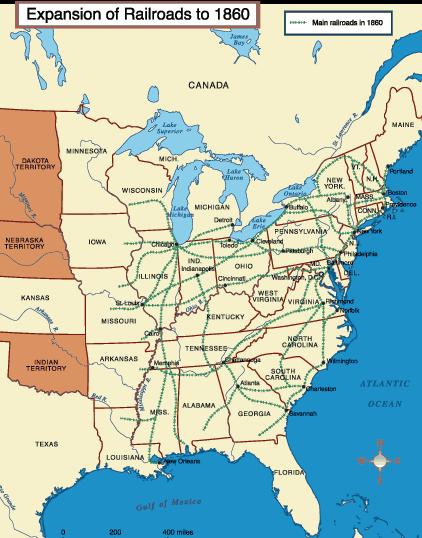 The Growth of Railroads Before the Civil War, most of the railroad track in America had been built in