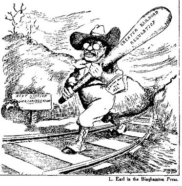 Laws Against Big Business Teddy Roosevelt is carrying a club saying Greater Railroad Regulation.