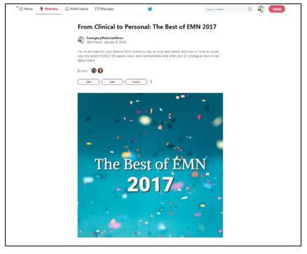 Themes: Best of Twitter Campaigns Emergency Medicine News tweeted over 4 days the most-read articles from each month in 2017; mostread article for each of EMN s 20 columnists created two Twitter