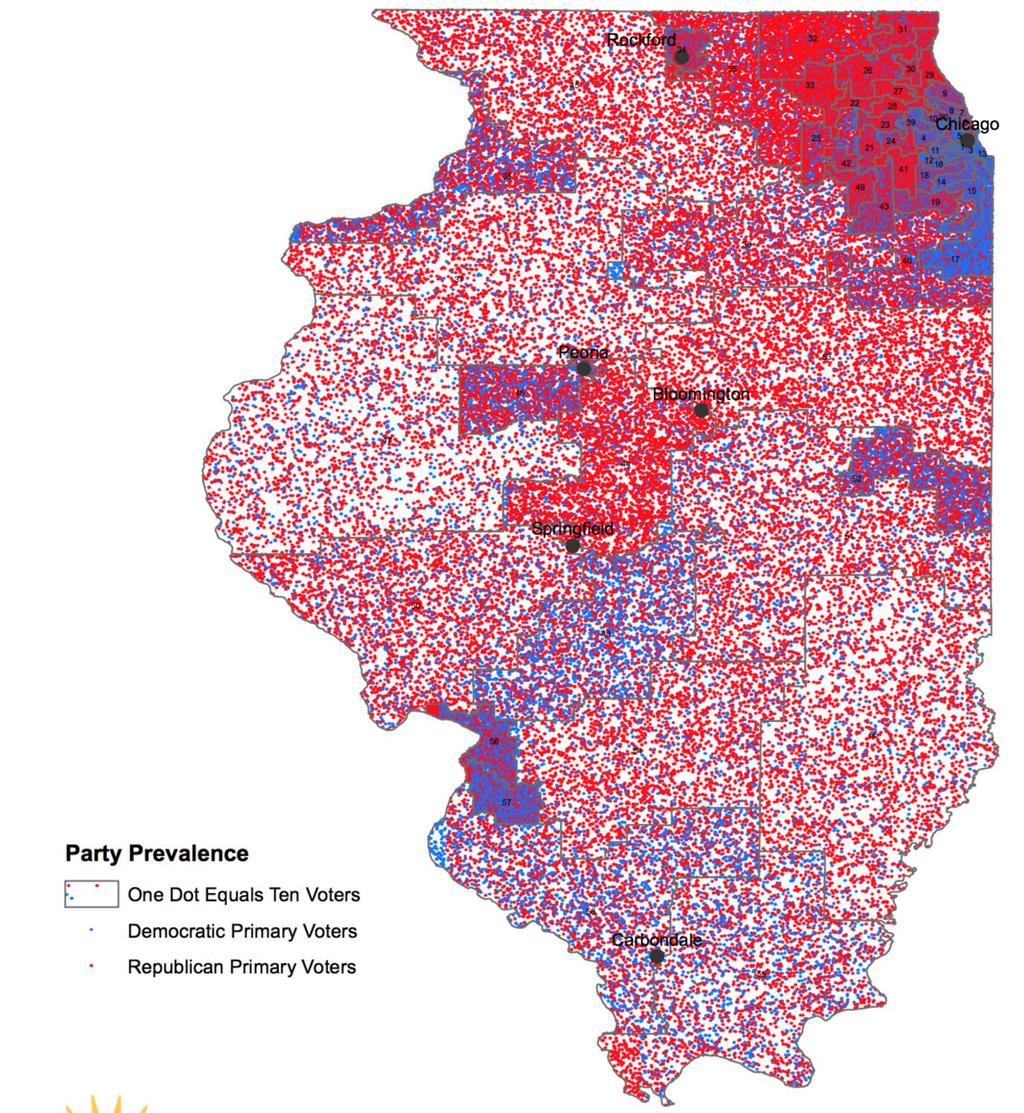 2014 Primary Election This map shows a dot for every ten votes cast by party in the 2014 Primary Election. It is broken down by Illinois State Senate districts.