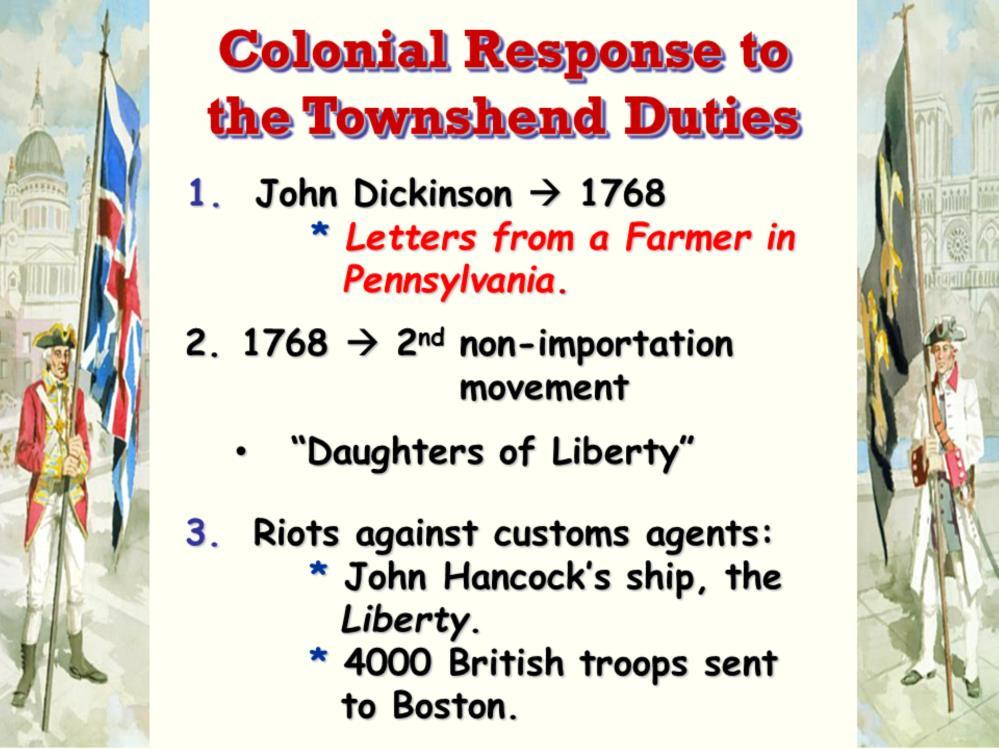 A colonial boycott on imported British goods developed in Boston and spread to the southern colonies, where many southern planters hoped to use the boycott to reduce their debt to British merchants.