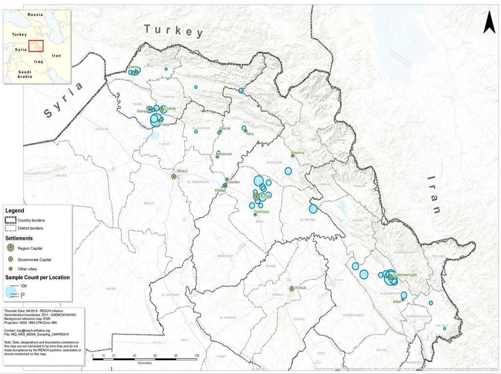 The following steps were then taken: 1) a point density layer was created based on 2013 findings; 2) then the highest concentrations of refugee households within a 1km radius were identified along