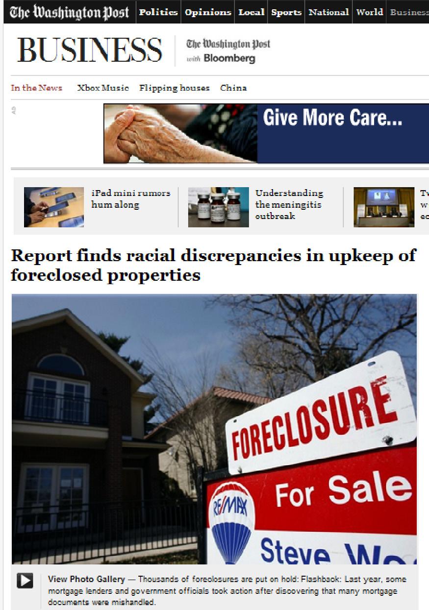 2 Consider this example: The Banks Are Back Our Neighborhoods Are Not, by the National Fair Housing Alliance A report to uncover systematic discrimination by banks in the maintenance of foreclosed