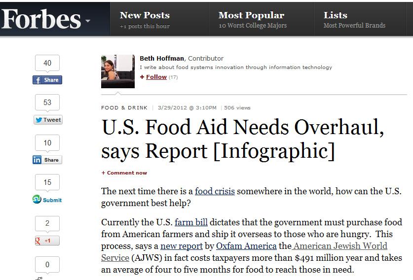 5 Although the international hunger crisis is overwhelming, the report s reforms to the U.S. international food aid programs are easy to digest.