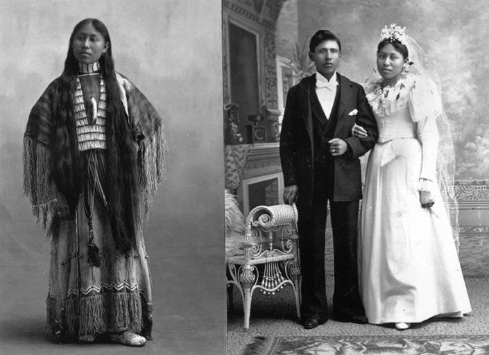 Cheyenne woman named Woxie Haury in ceremonial dress, and, in wedding portrait with husband.